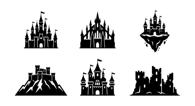 Fantasy Castle Silhouettes, Medieval Fortress Icons, Fairytale Kingdom Vector Set