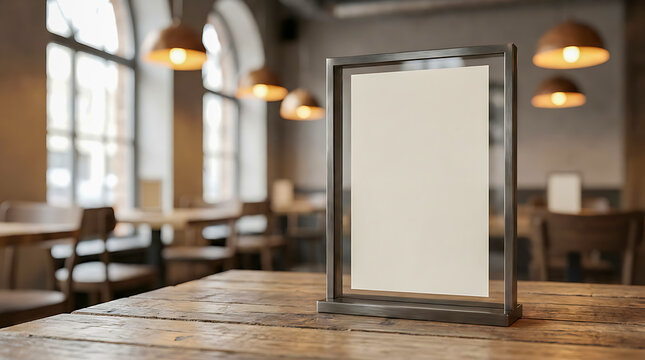 Blank Menu Sign Frame with Copy Space on Wooden Cafe Table.