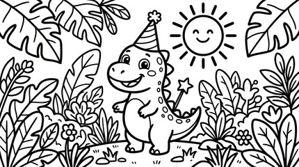 Obraz premium A cute cartoon baby dinosaur wearing a birthday party hat and holding a magic star wand stands happily within a lush tropical forest under a smiling sun