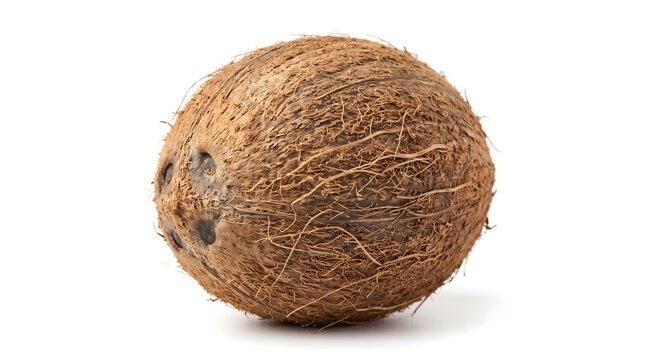 A whole, brown coconut with a textured husk, isolated on a white background, showcasing its natural form and tropical origin