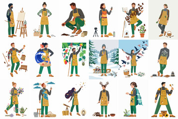 Fototapeta premium Flat illustration set of diverse people in aprons engaged in various creative hobbies, crafts, and outdoor activities like gardening, painting, and cooking.