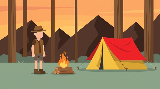 Cartoon camper standing by campfire and tent in forest illustration 