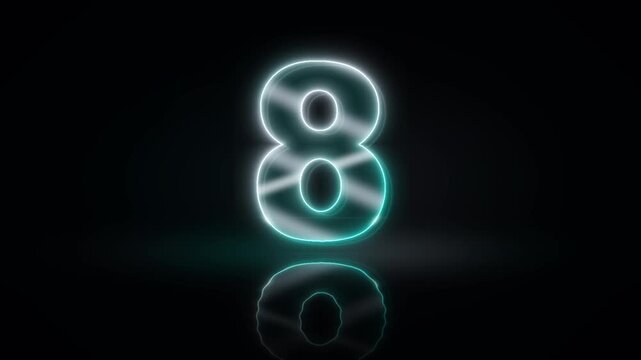 Titanium colored numeral faces with cool specular sheen rotate gently through a reflective dark environment. Twenty two second countdown from 10 to 0, with two seconds per numeral. Animated 4K landsca