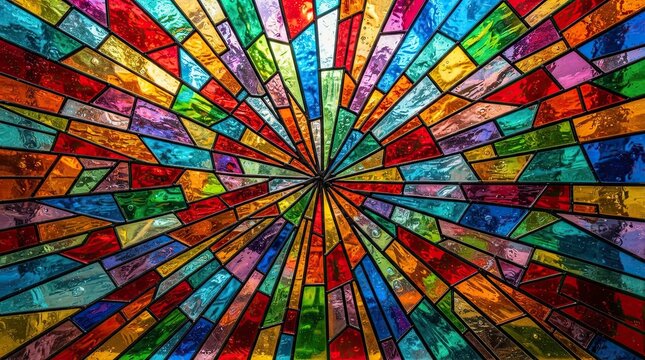 Colorful stained glass window pattern with a bright geometric radial light design
