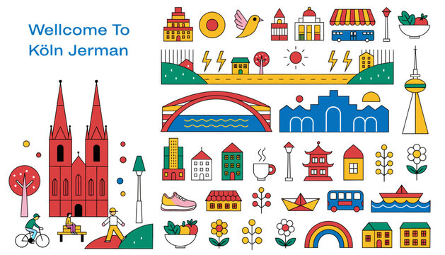 colorful illustration of Cologne city icons