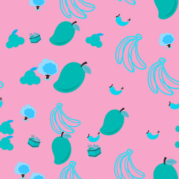 Seamless pattern of teal mangoes and bananas on pink
