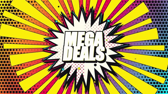 Animated Comic Book Background with Mega Deals Text and Retro Halftone Pattern
