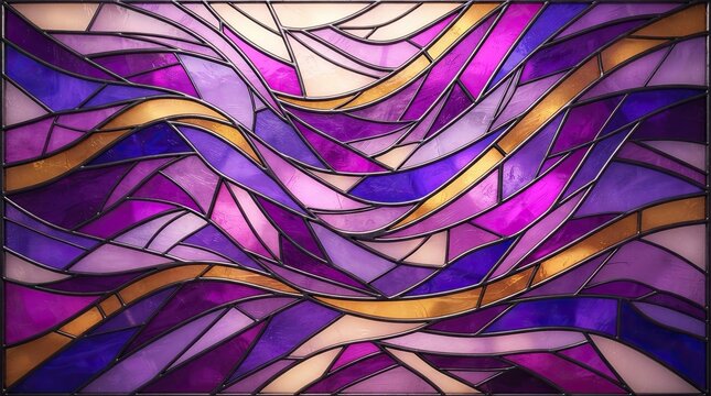 Abstract purple and gold stained glass window pattern with flowing lines