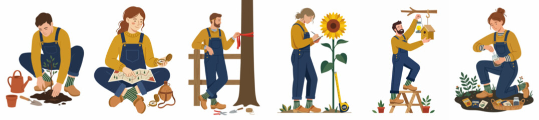 Fototapeta premium Set of flat illustrations featuring people in overalls engaged in gardening activities like planting, measuring sunflowers, and hanging birdhouses.