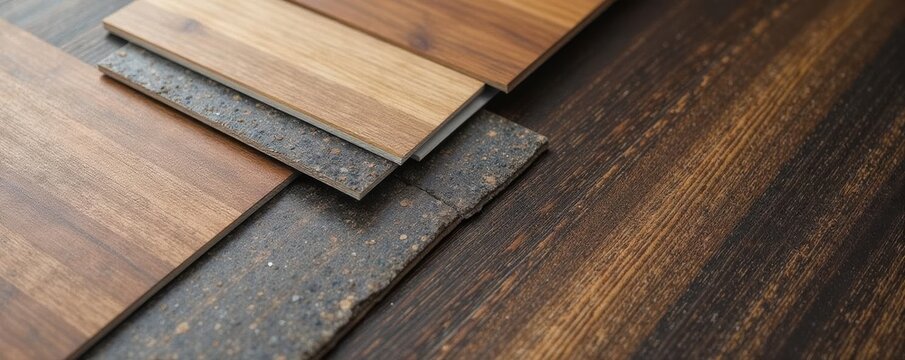 Various laminate and vinyl floor tile swatches displayed on a dark wood surface , detail, pattern