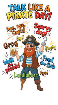 Talk Like a Pirate Day whimsical vertical card with playful pirate sayings, colorful outlined typography and gouache lettering on white background