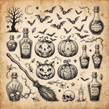 Halloween illustration vector set with pumpkins, potions, bats, and witch broom