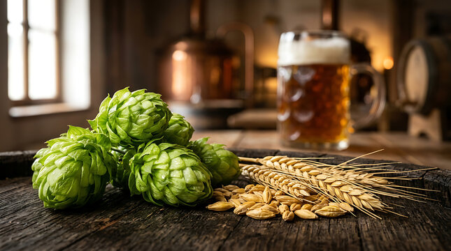 Fresh hops and barley grains on rustic wooden table.
