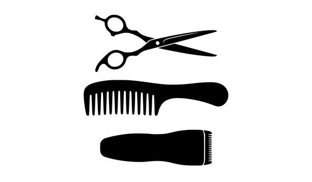 Minimalist black silhouette barber scissors comb and electric trimmer isolated grooming tool vector set