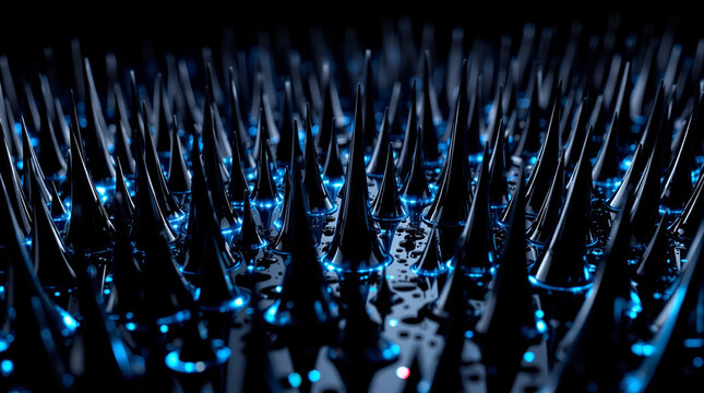 Black ferrofluid magnetic spikes with electric blue rim light on dark background, science macro