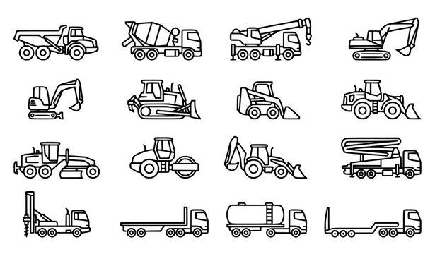 Construction Machinery Line Icon Collection &ndash; 16 Trucks and Building Equipment Vector