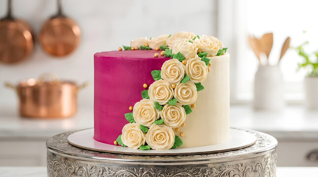 Dual tone cake with buttercream roses on a silver stand in a kitchen
