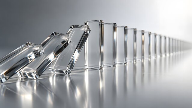 Metallic dominoes falling in sequence on reflective surface representing chain reaction cause and effect risk management business strategy disruption consequences and cascading failure concept