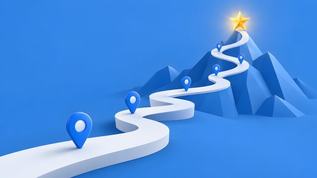 Goal achievement journey concept with winding path leading to mountain peak and golden star location markers symbolizing success strategy progress ambition milestones and business growth