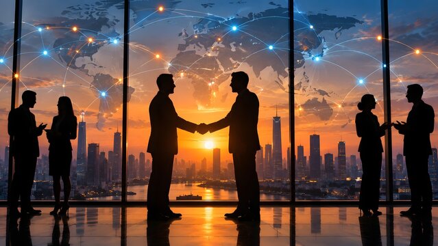 Global business partnership handshake in modern office with world map network city skyline and professional team silhouettes representing international collaboration leadership and corporate success