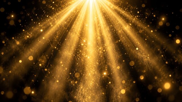 Golden Light Rays with Sparkling Bokeh Particles on Dark Background Luxury Glowing Abstract Celebration Backdrop Radiant Sunbeams Festive Glitter and Elegant Illumination