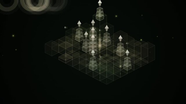 An isometric digital grid displays looping pyramid icons against a dark background.