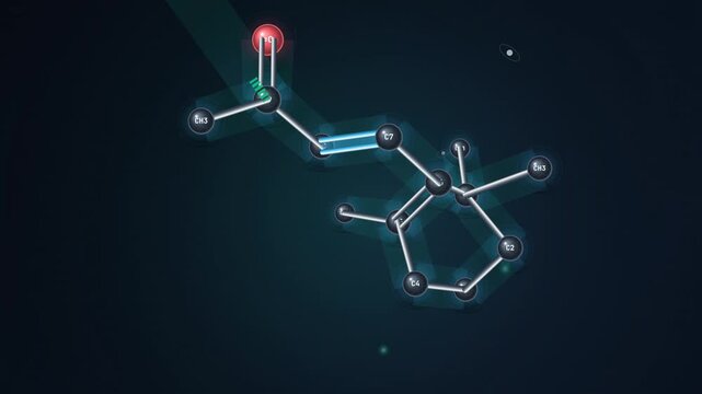 3D animation showing the chemical synthesis of Vitamin A (all-trans retinyl acetate) from molecular precursor beta-ionone through multi-step reactions including Darzens and Grignard condensations