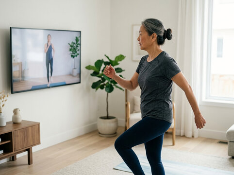 Senior Asian woman exercising at home following online fitness class on television in bright modern living room, healthy lifestyle and wellness concept