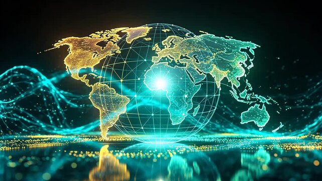 Digital earth globe with grid lines on black background