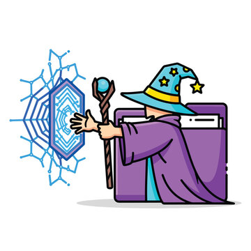 Magician casting spell on laptop.