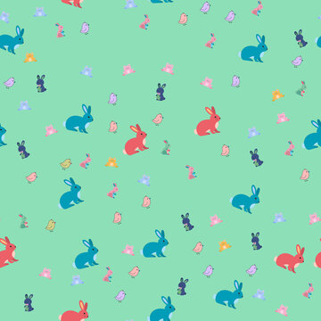 Cartoon animals pattern with rabbits, frogs, and birds