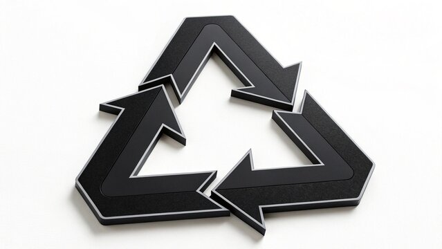 Three-dimensional black recycling loop symbol composed of three sharp directional arrows lying on a white surface for ecology, environmental sustainability, and waste management concepts.   