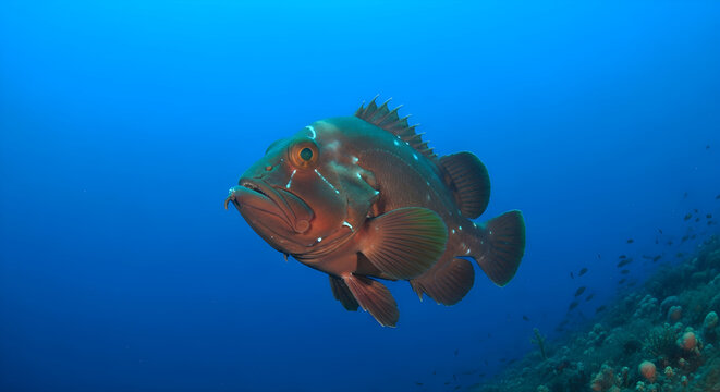 A spotted grouper fish swimming in deep blue ocean water