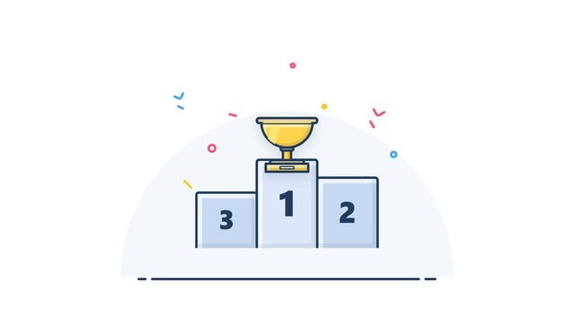 Gold Trophy Cup on First Place Winners Podium with Ranking Numbers and Confetti Animation