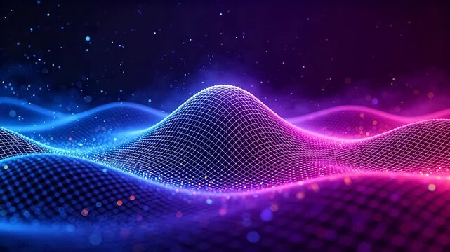 Abstract digital grid with blue purple pink waves and glowing particles on dark background