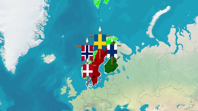 Animated Map Zoom Highlighting Northern Europe and Nordic Countries Footage