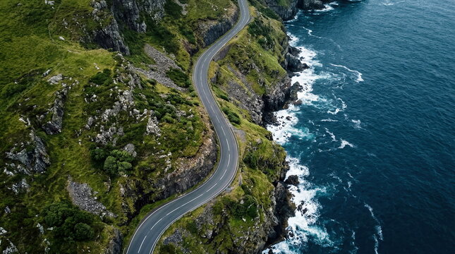 Coastal road winding along dramatic cliffs overlooking vast ocean, scenic travel and journey concept.