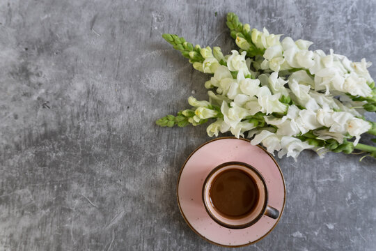 Cozy cup rests beside delicate white flowers. Soft pink saucer holds warm beverage. Gray stone surface offers calm, minimalist backdrop. Floral arrangement adds gentle elegance to the scene