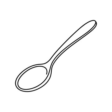 A clean black and white minimalist vector outline illustration of a classic spoon, perfect for kitchen, restaurant, and dining icons or designs.