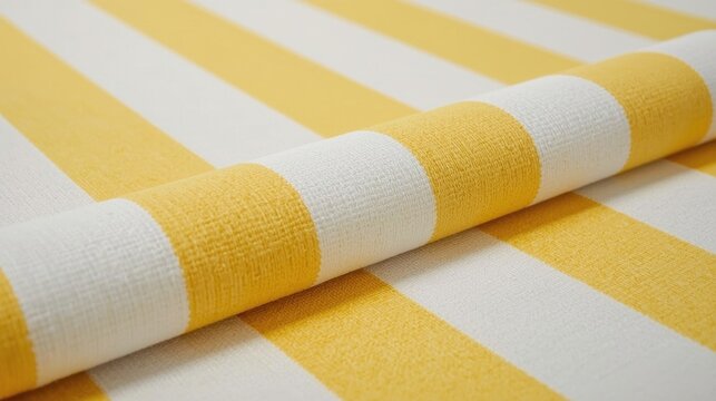 Close-up of striped yellow and white fabric with a textured, woven appearance laid flat against a neutral background.