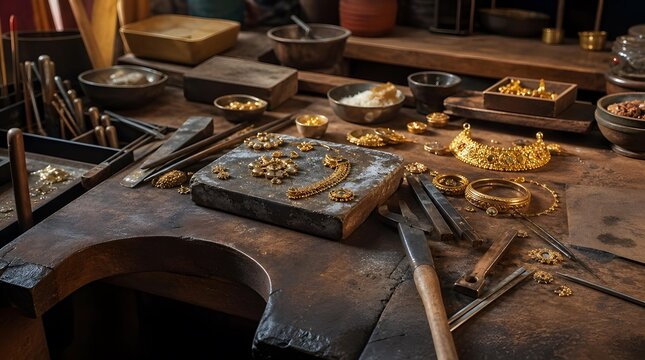 Traditional Indian Goldsmith Workshop Desk with Handcrafted Gold Jewelry and Crafting Tools for Dhanteras Festival Background