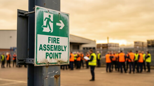 Fire assembly point sign standing near group of workers in industrial outdoor area, workplace safety and emergency preparedness training.