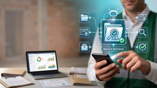 quality assurance inspector holding a smartphone to access a record retrieval holographic symbol with a blue cyan digital network in a softly blurred construction inspection office,