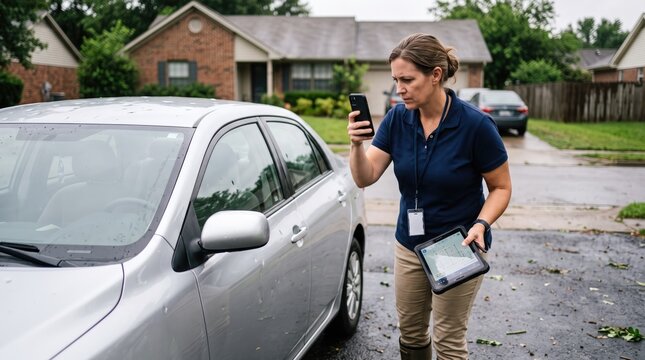 Claims adjuster using digital tools near a parked car in a suburban neighborhood
