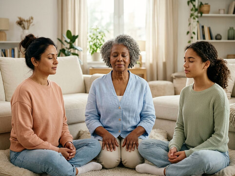Multi-generational family of three women sitting on the floor and meditating together in a cozy living room, practicing mindfulness and mental health.