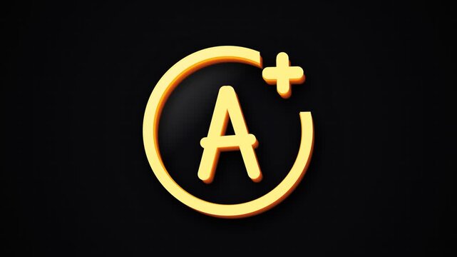 3D Glowing A Plus Grade Symbol Animation on Black Background for Excellence and Education Concept