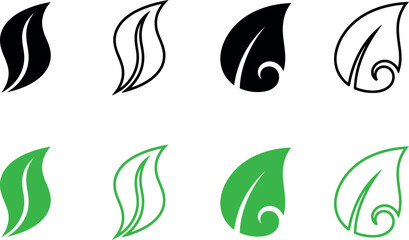 Obraz premium Set of hand drawn leaf icons in black and green colors for nature and environment design projects