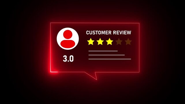 Glowing neon Rating 3 stars icon animation. animation customer review concept, giving fore star feedback on neon rectangle. animated customer satisfaction rating. 
