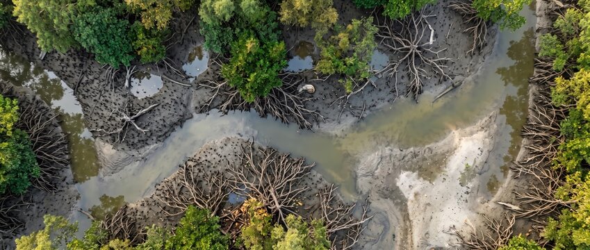 Aerial view of a winding muddy river channel flowing through a dense mangrove forest with exposed tangled tree roots and patches of green foliage, captured from a perspective