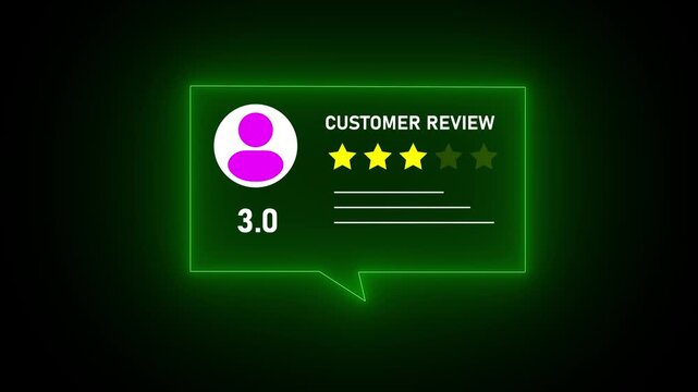 Glowing neon Rating 3 stars icon animation. animation customer review concept, giving fore star feedback on neon rectangle. animated customer satisfaction rating. 4k